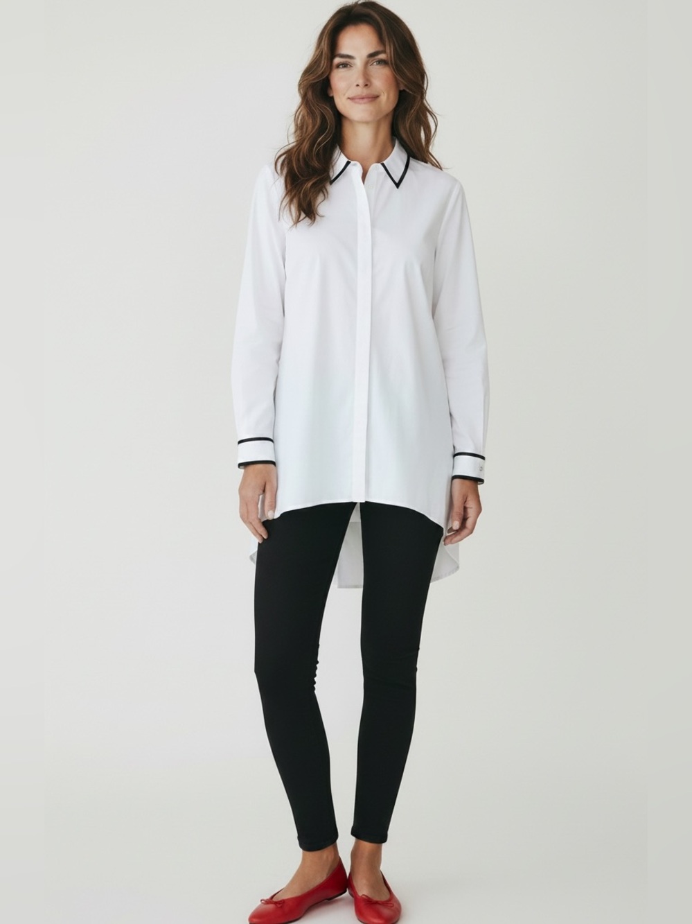 Chico's High-Low White Button-Down Shirt with Black Trim and Rhinestone Buttons.